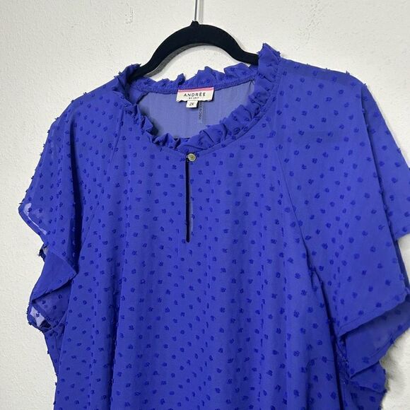 Andree By Unit Women’s Purple Swiss Dot Key Hole Ruffle Top Plus Size 2X - Picture 2 of 14
